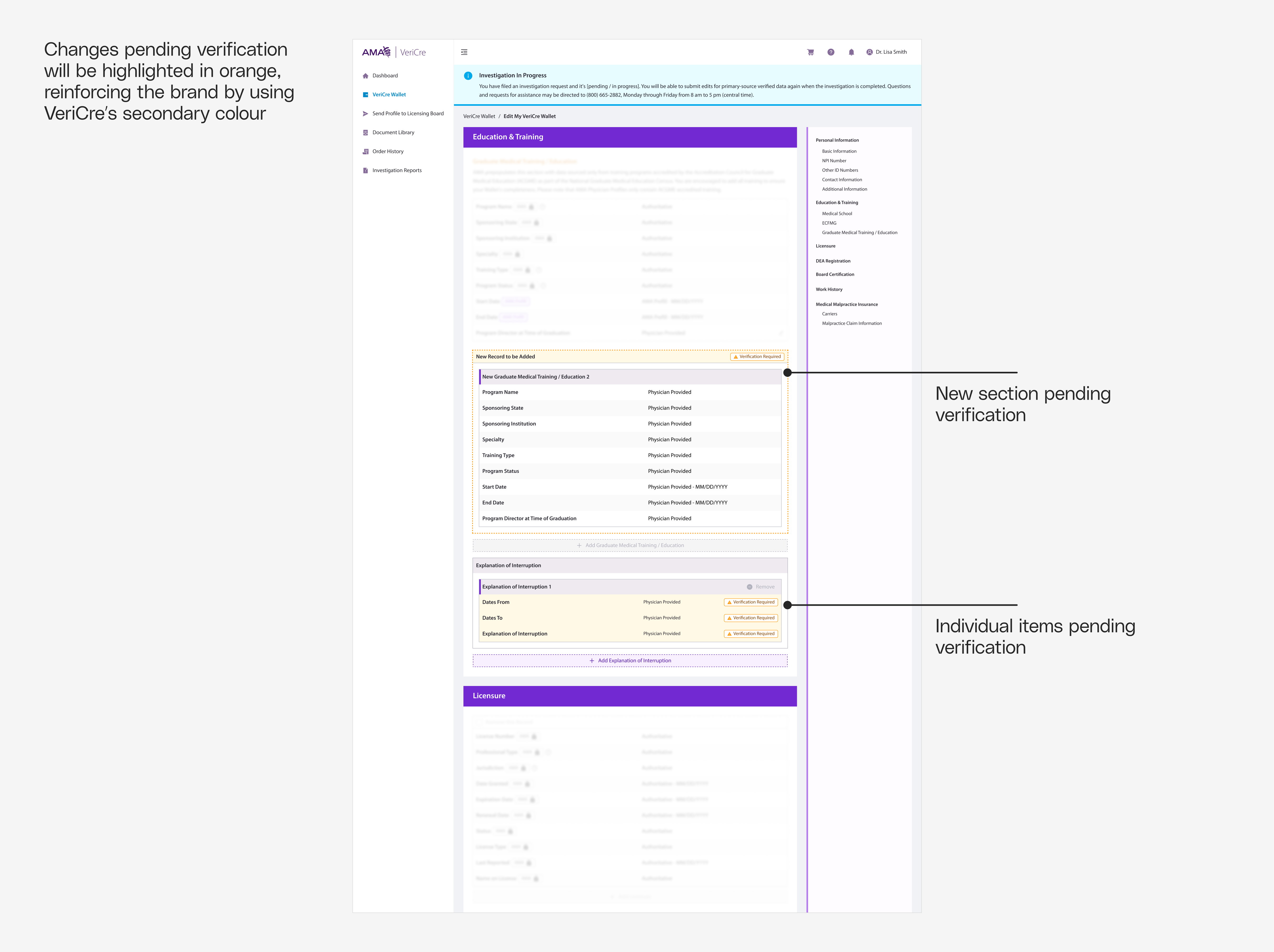 VeriCre Wallet, pending verification UI details