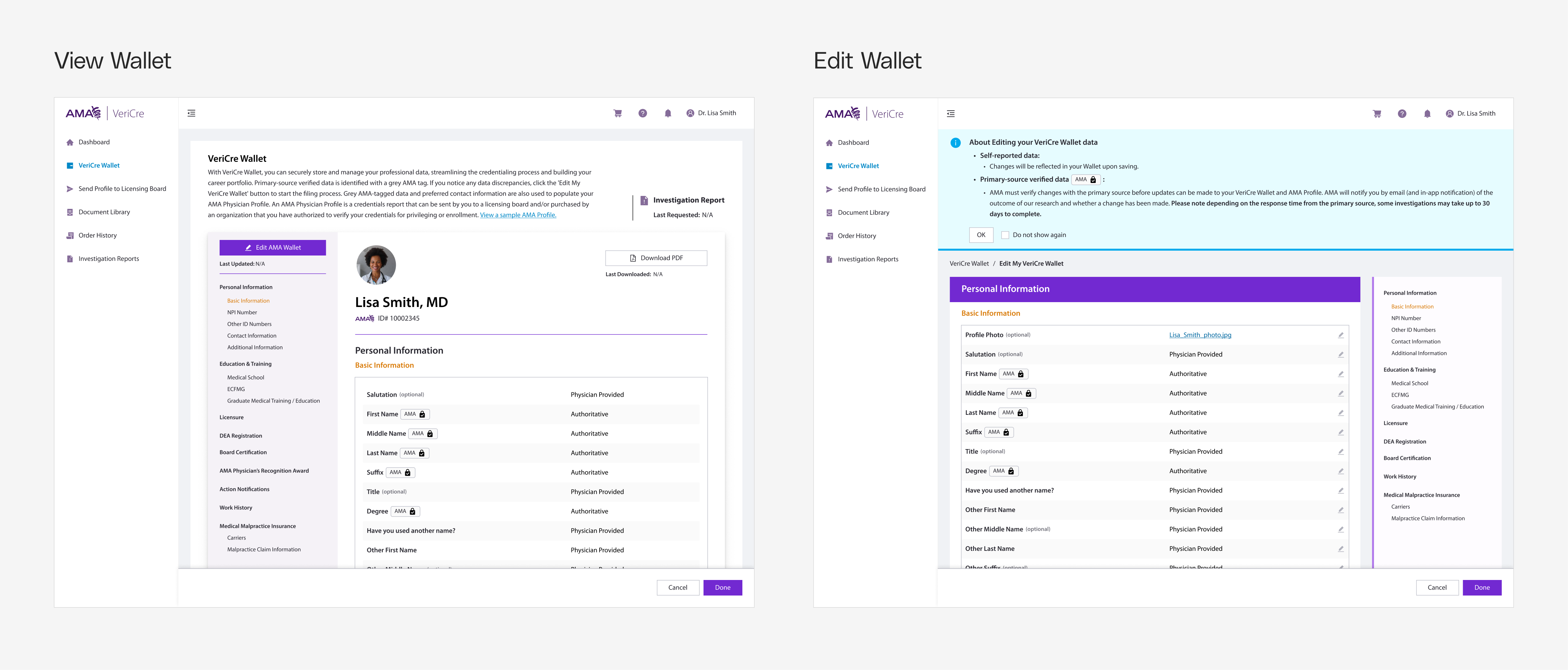 VeriCre Wallet, view and edit