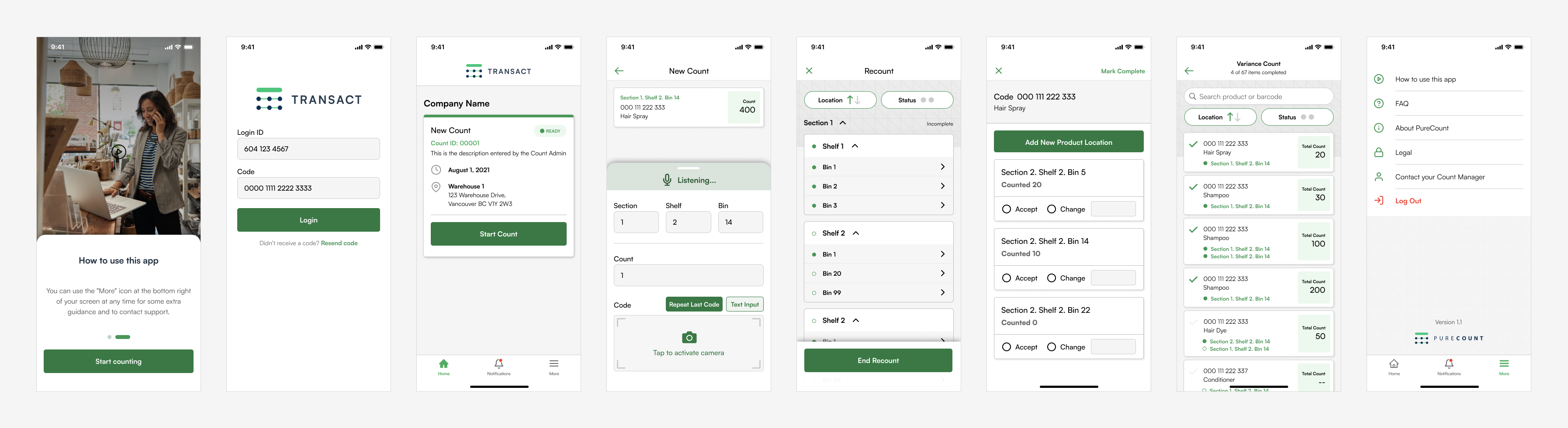 Final designs for PureCount's mobile app