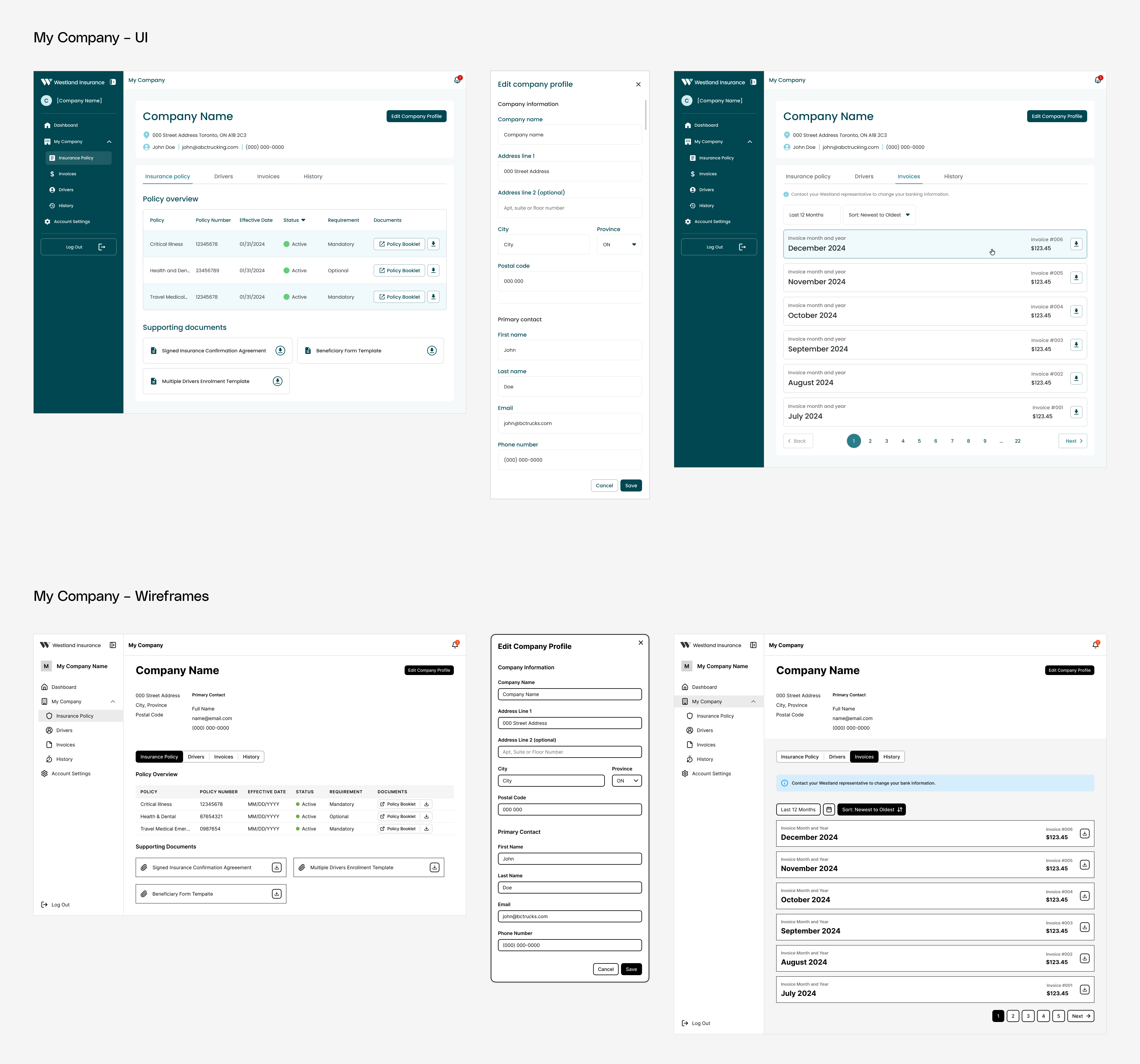 My Company wireframe and UI